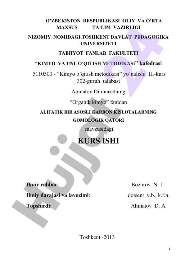 Organik kimyo fanidan kurs ishining taqdimoti