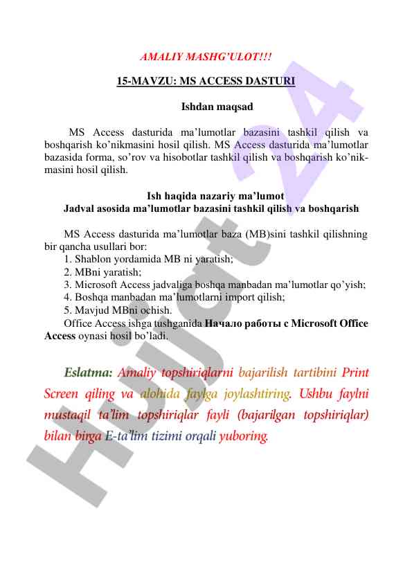 Ms access dasturi bo'yicha amaliy mashg'ulotlar