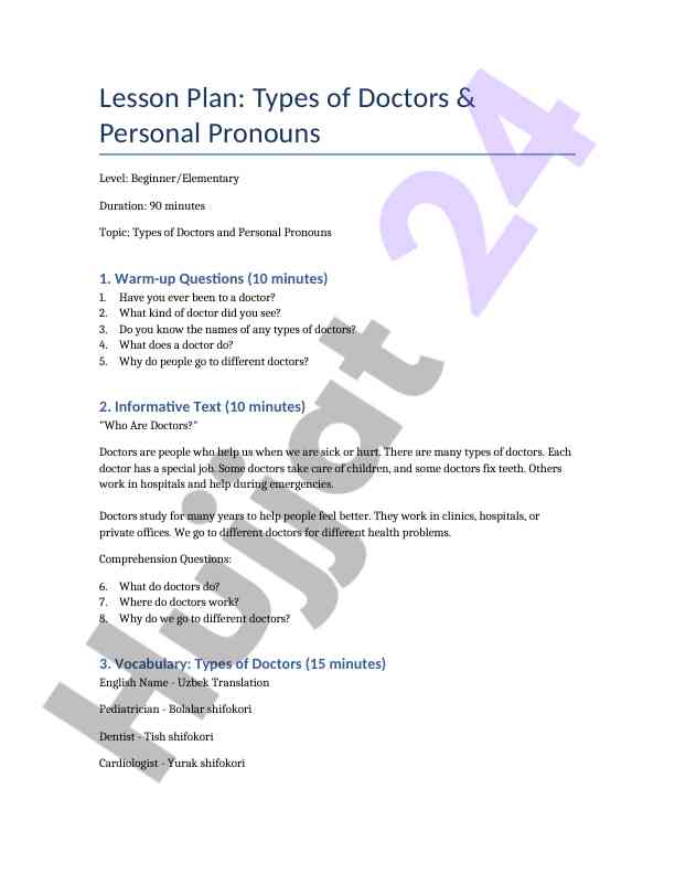 Types of doctors and personal pronouns lesson plan