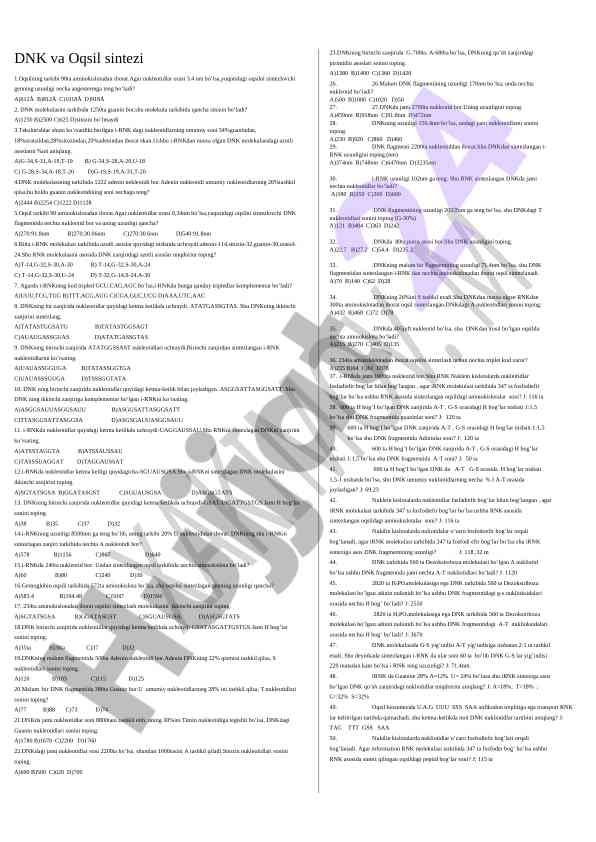 Dnk va oqsil sintezi sinov savollari