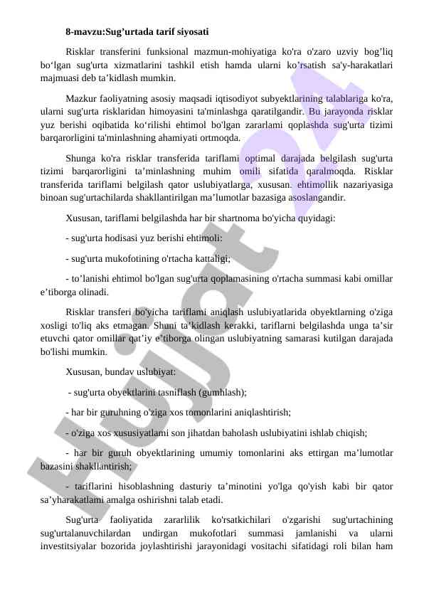 Sug'urtada tarif siyosati va risklar transferi