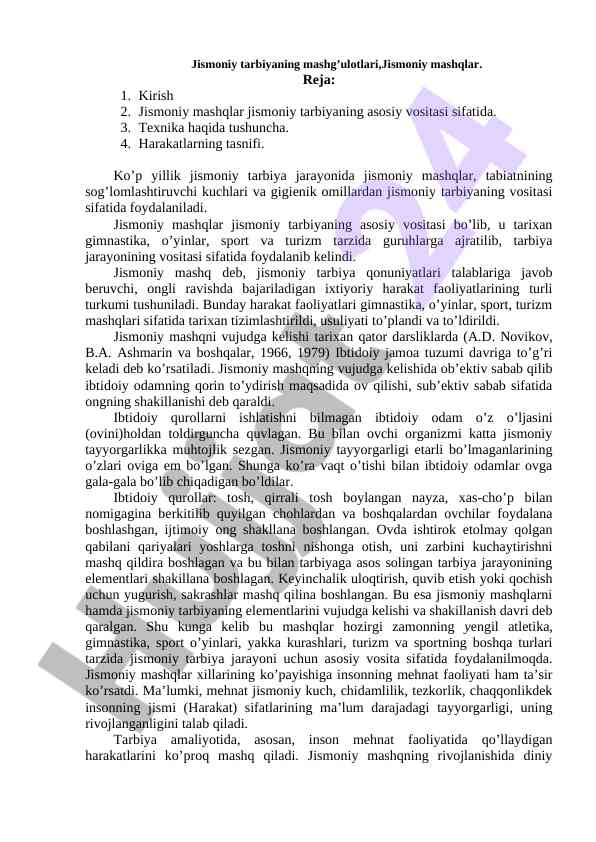 Jismoniy tarbiya mashg'ulotlari rejasi