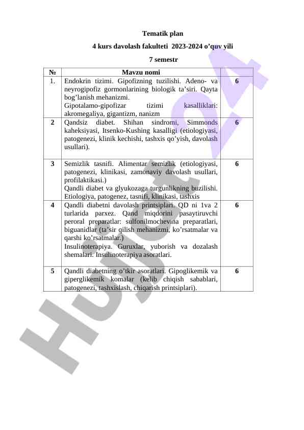 Tematik plan 4 kurs davolash fakulteti 2023-2024