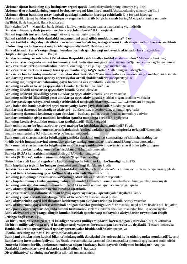 Bank boshqaruvi va aksiyadorlik tizimi haqida ma'lumotlar
