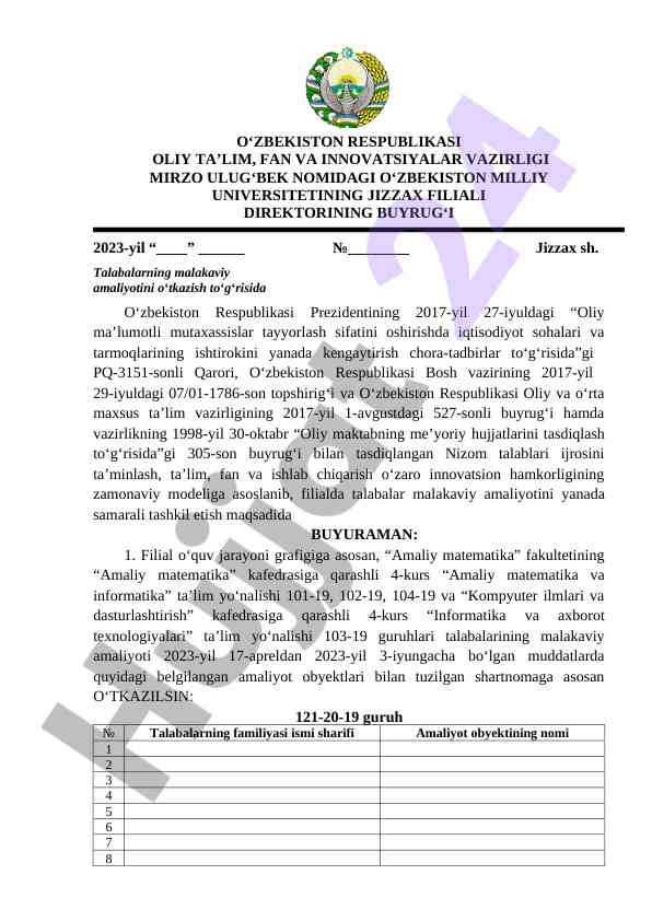Talabalar malakaviy amaliyoti tashkil etish rejasi