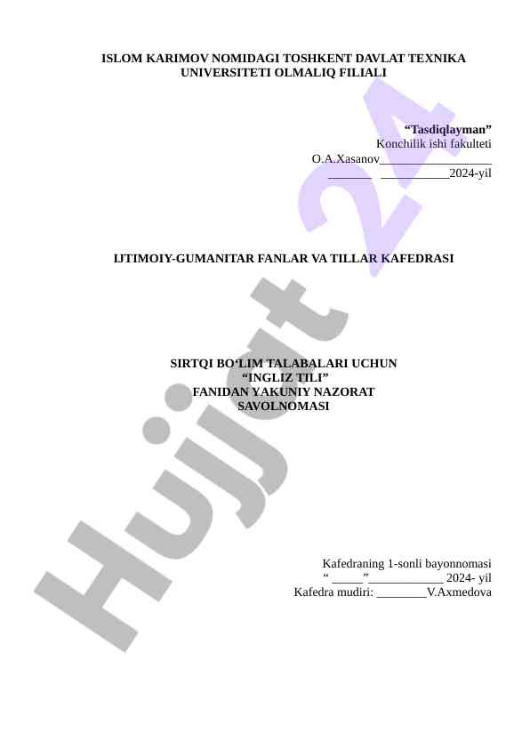 Ingliz tili fanidan yakuniy nazorat savolnomasi
