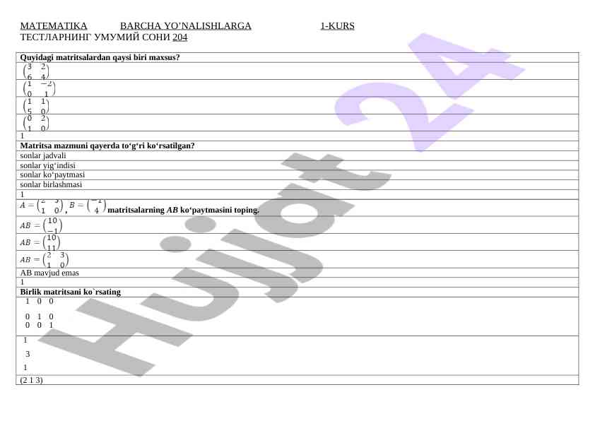 Matematika barcha yo’nalishlarga 1-kurs testlar