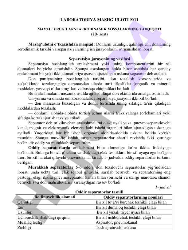 Urug‘larning aerodinamik xossalari tahlili
