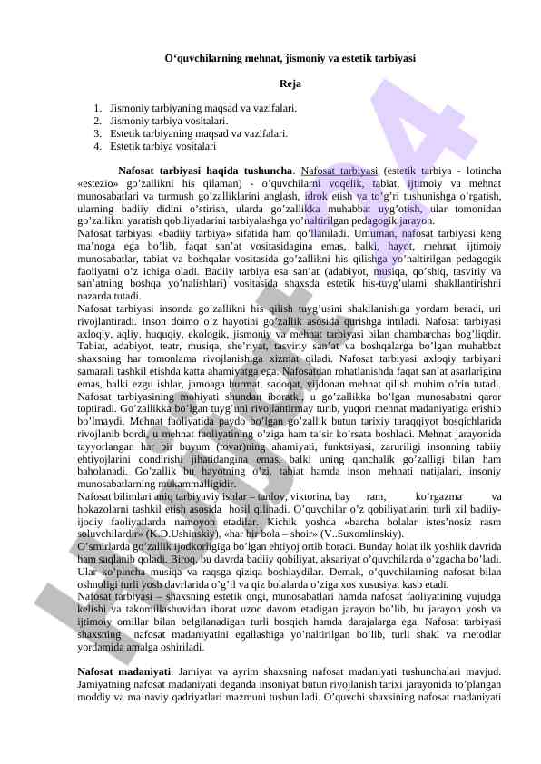 Estetik tarbiya va nafosat tarbiyasining maqsadlari