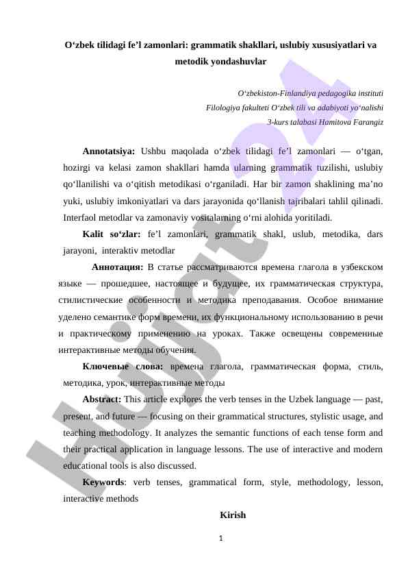 O‘zbek tilidagi fe’l zamonlari va ularning tahlili