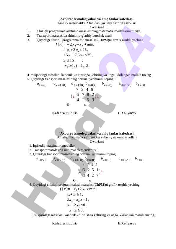 Amaliy matematika 2 fanidan yakuniy nazorat savollari