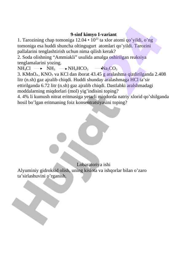 9-sinf kimyo testlari va laboratoriya ishlari