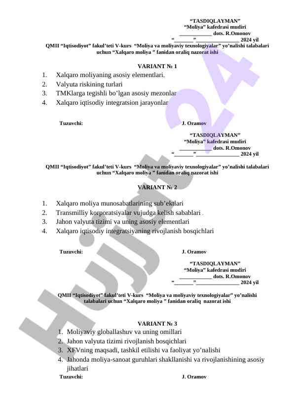 Xalqaro moliya fanidan oraliq nazorat ishlari