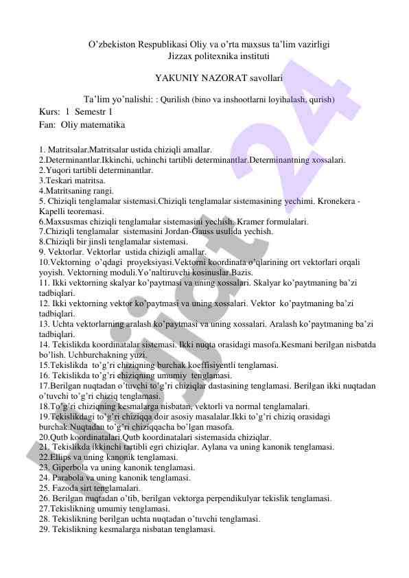 Oliy matematika 1 kursi uchun yakuniy nazorat savollari