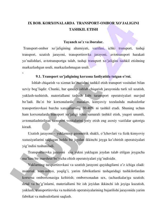 Transport-ombor xo'jaligini tashkil etish asoslari