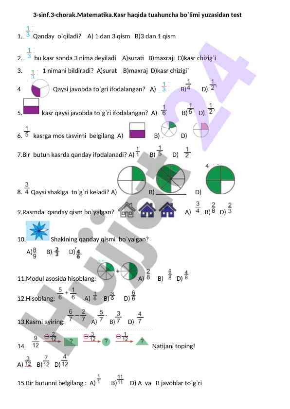 Matematika kasr haqida test savollari