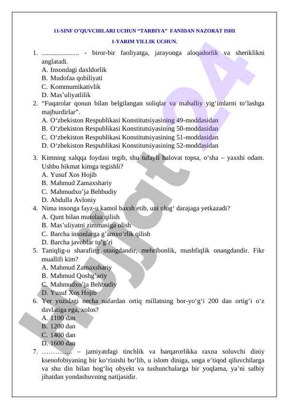 11-sinf o‘quvchilar uchun tarbiya fanidan nazorat ishlari