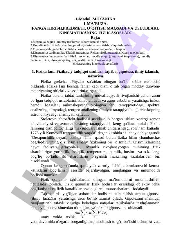 Mexanika faniga kirish va uslublari