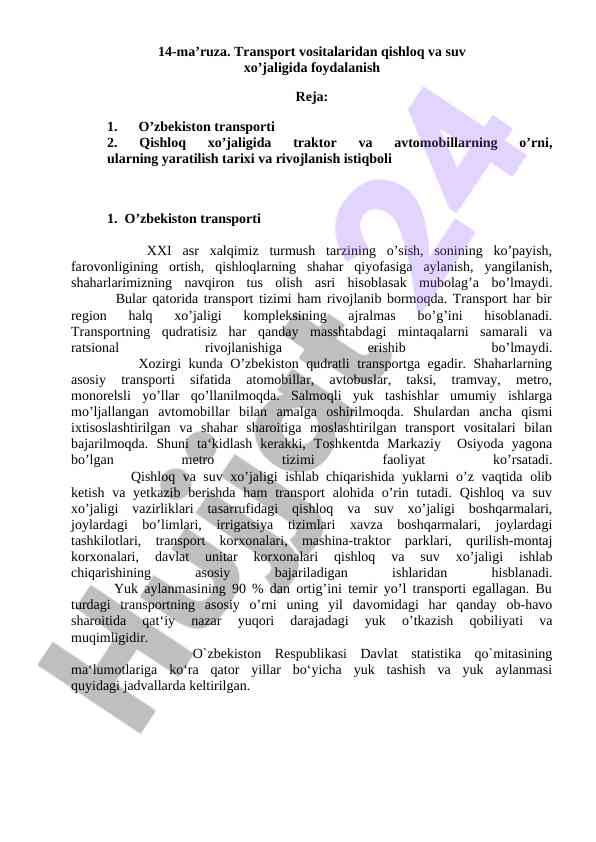 Transport vositalaridan qishloq va suv xo’jaligida foydalanish