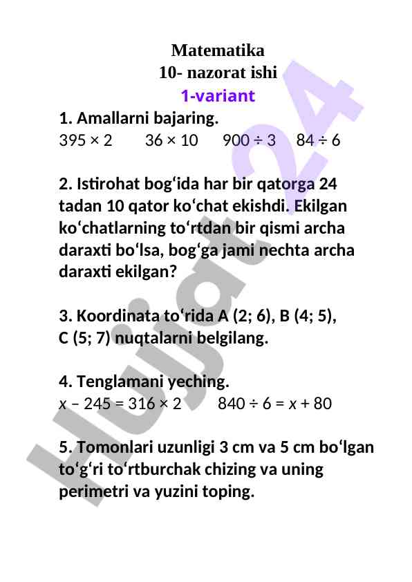 Matematika 10-nazorat ishi 1-variant 1