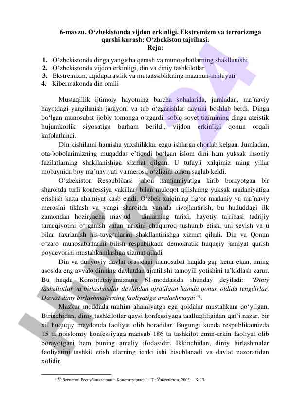 O‘zbekistonda vijdon erkinligi va ekstremizmga qarshi kurash