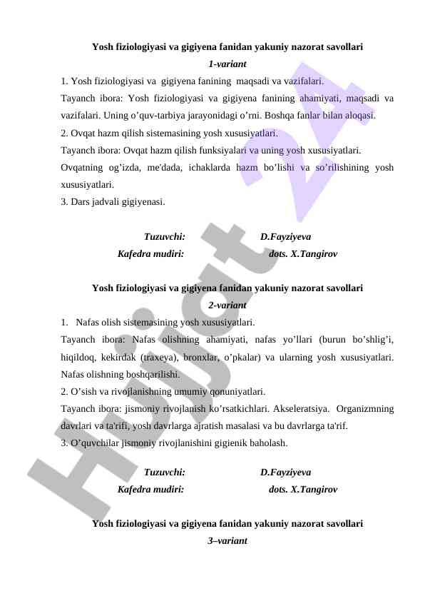 Yosh fiziologiyasi va gigiyena fanidan yakuniy nazorat savollari