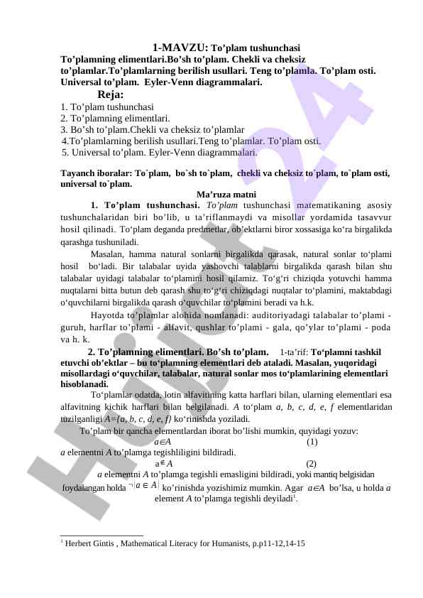 To’plam tushunchasi va uning elementlari