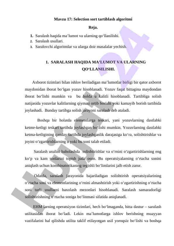 Saralash algoritmlari va ularning qo‘llanilishi