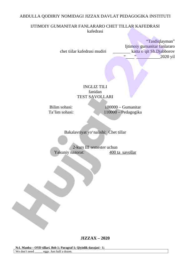 Ingliz tili fanidan test savollari 2-kurs uchun