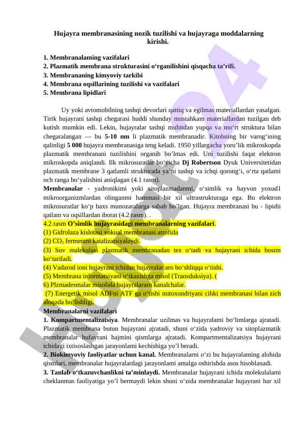 Hujayra membranasining nozik tuzilishi va funksiyalari