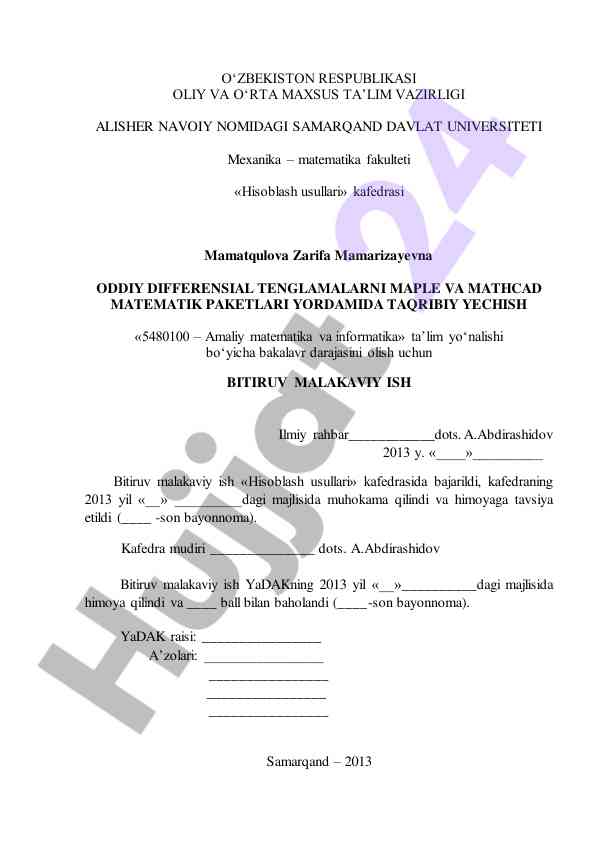 Hisoblash usullari bo'yicha bitiruv malakaviy ish
