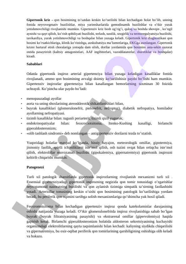 Gipertonik kriz tushunchasi va davolash usullari