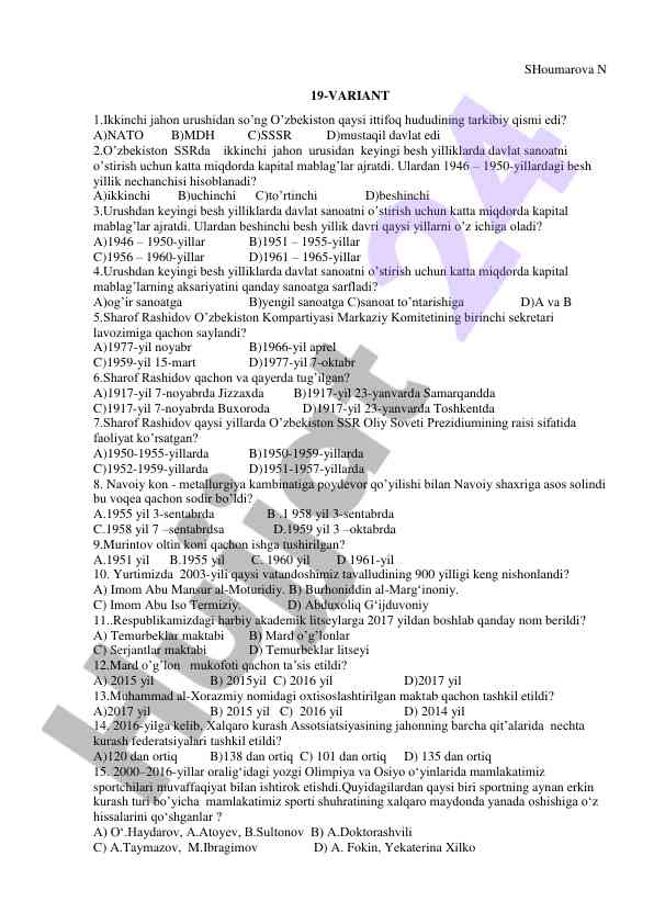 O'zbekiston tarixi bo'yicha test savollari