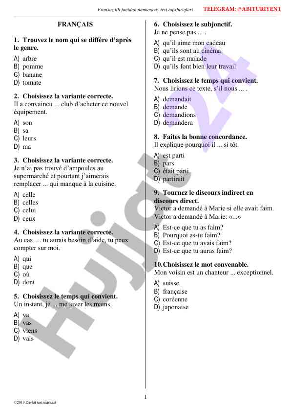 Namunaviy test topsiriqlari fransuz tili fanidan