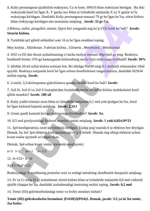 Kaliy permanganat reaksiyasi bilan tahlil ishlari