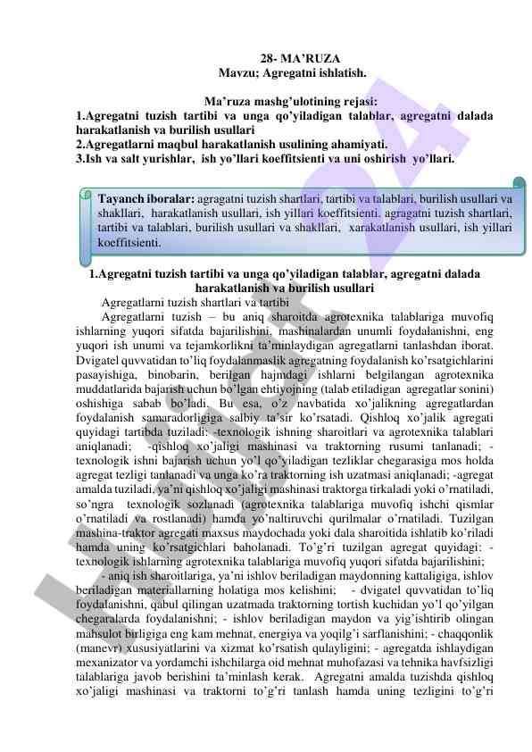 Agregatni ishlatish mavzusi bo'yicha ma'ruza