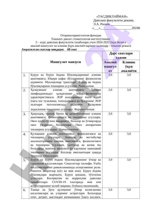 Otorinolaringologiya amaliy mashg‘ulot rejasi 2024-2025