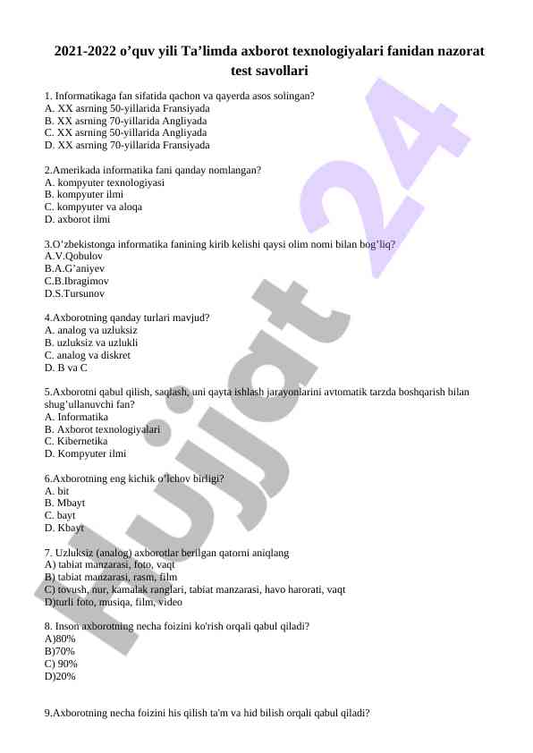 Ta’limda axborot texnologiyalari test savollari