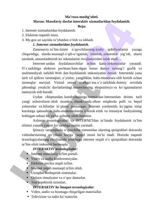 Masofaviy davlat interaktiv xizmatlari foydalanish