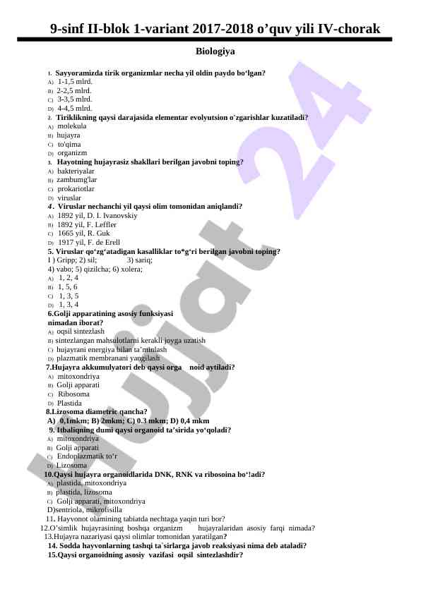 Biologiya test savollari va javoblari