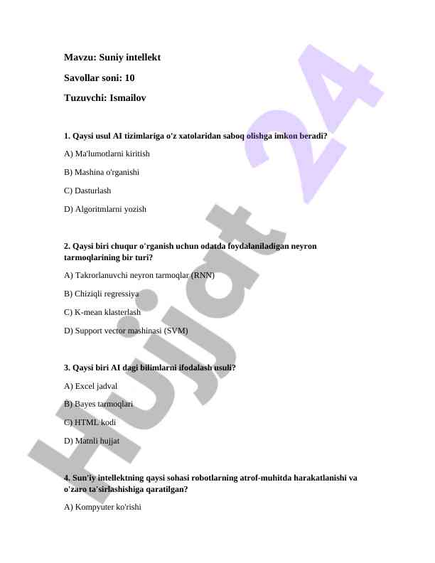 Suniy intellekt testi savollari bilan