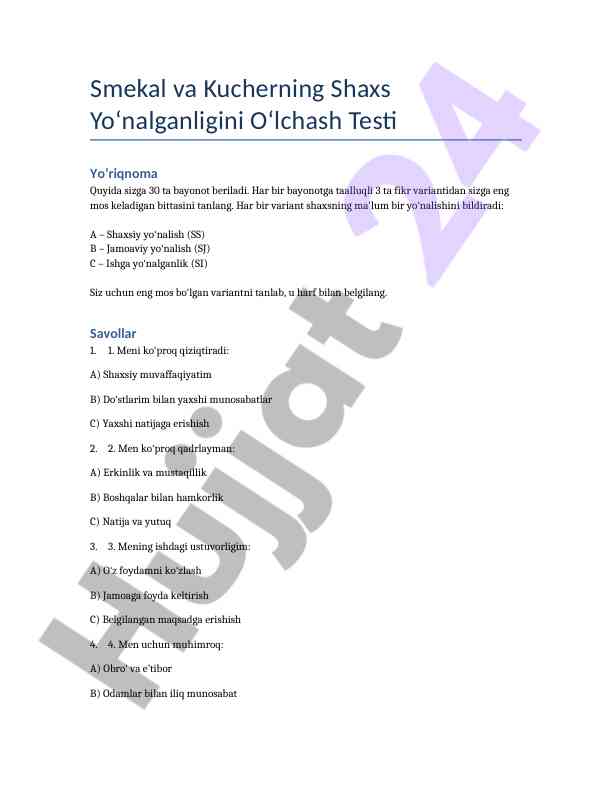 Shaxs yo‘nalganligini o‘lchash testi yo‘riqnoma
