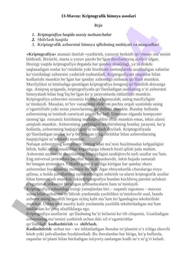 Kriptografik himoya asoslari va dastlabki tushunchalar