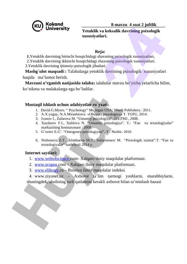 Yetuklik davrining psixologik xususiyatlari