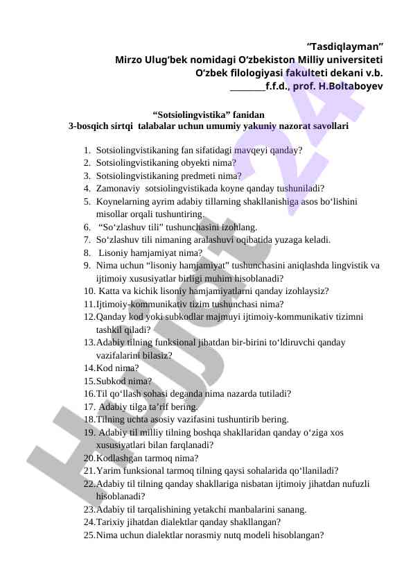 Sotsiolingvistika fanidan yakuniy nazorat savollari