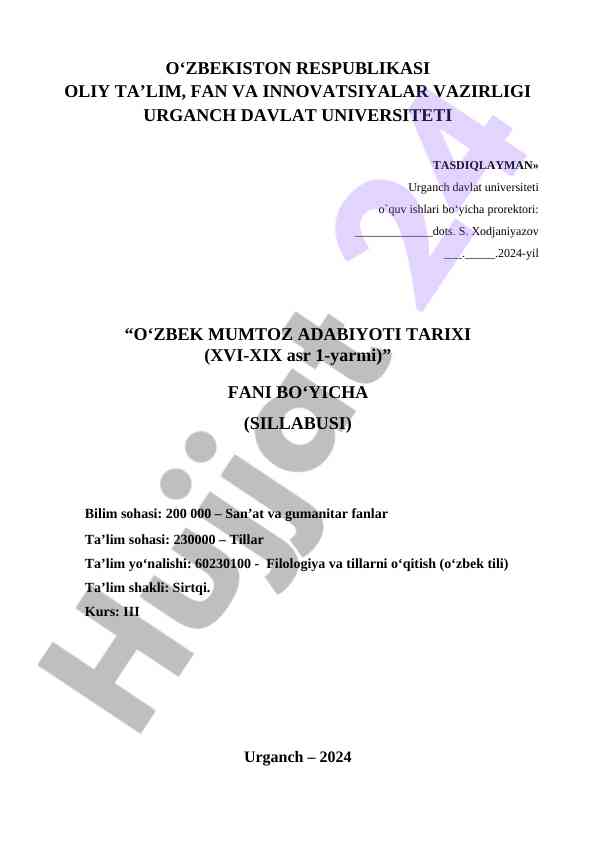 O‘zbek mumtoz adabiyoti tarixi sillabusi