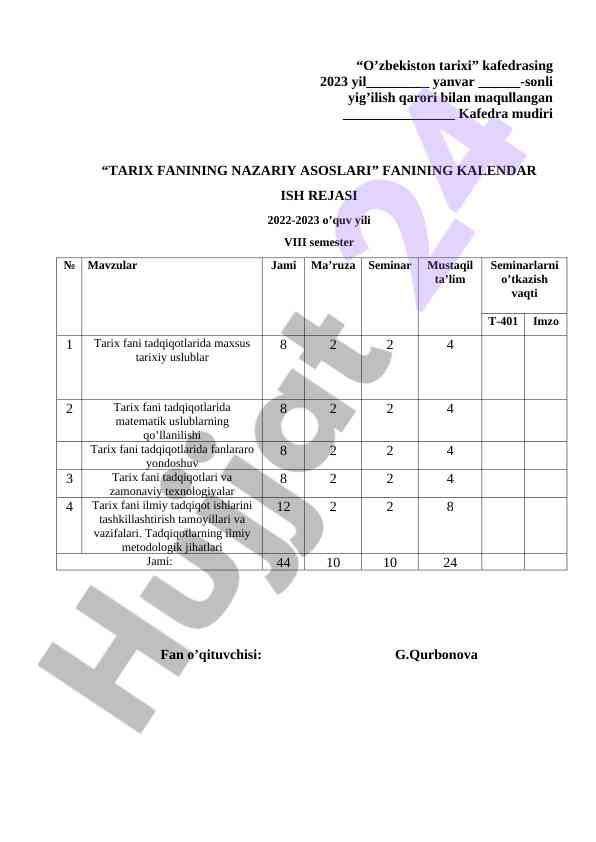 Tarix fanining nazariy asoslari kalendar ish rejasi
