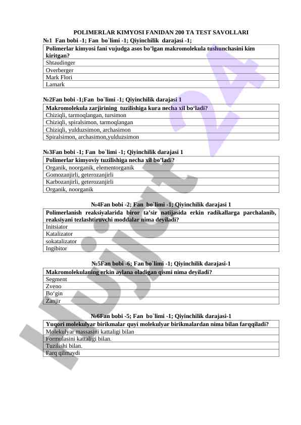 Polimerlar kimyosi fanidan 200 ta test savollari