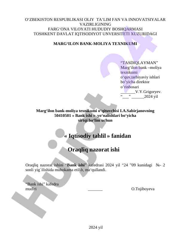Iqtisodiy tahlil bo'yicha nazorat ishlari