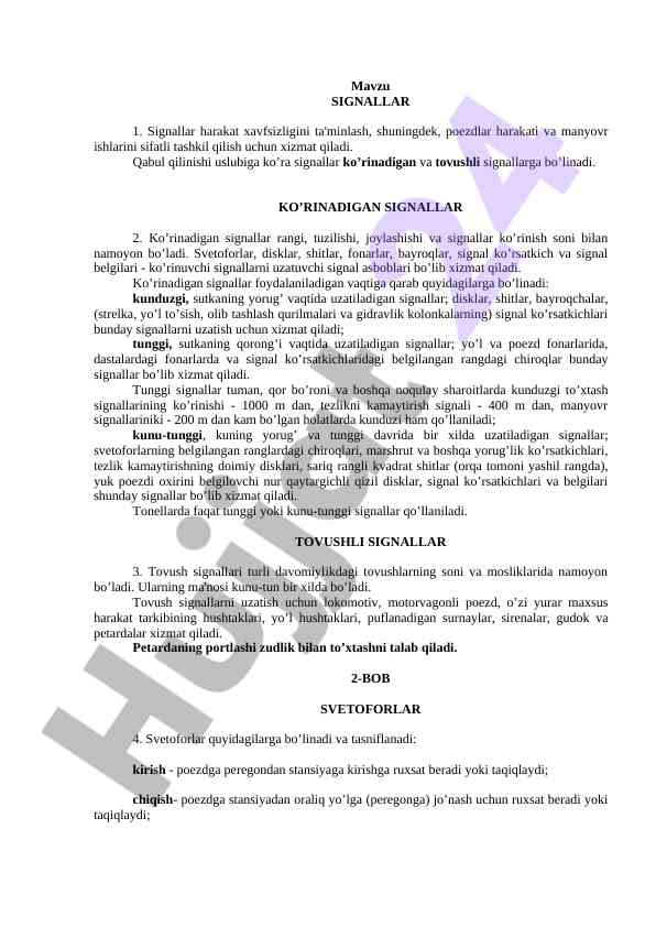 Signallar va harakat xavfsizligi tashkili